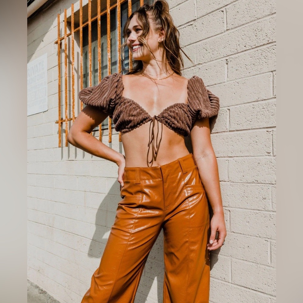 Free People Tan Faux Leather Wide Leg Pants Size 8 - Picture 6 of 16